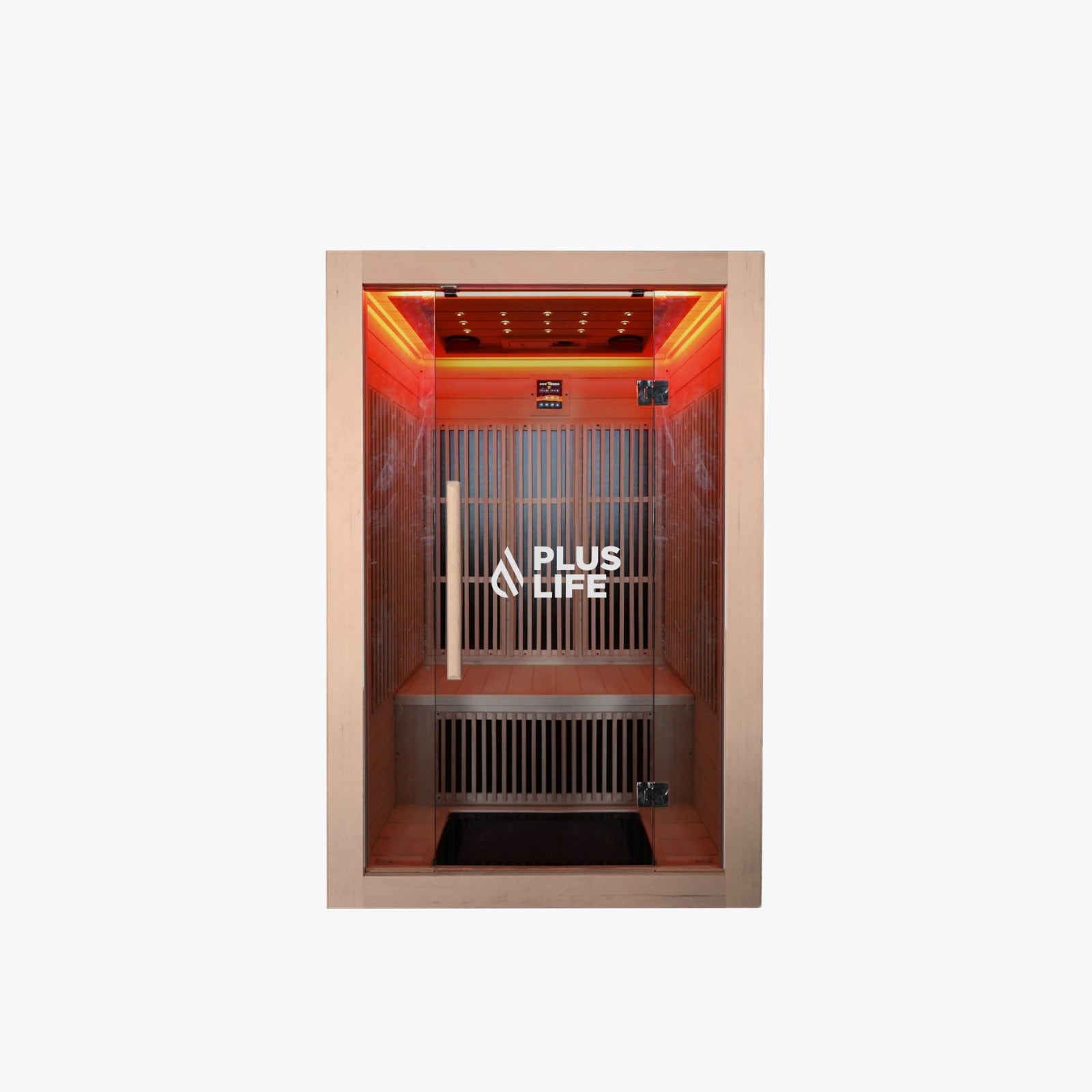 PlusLife Full Spectrum 2 Person infrared sauna in light timber with a glass door and the panels glowing inside