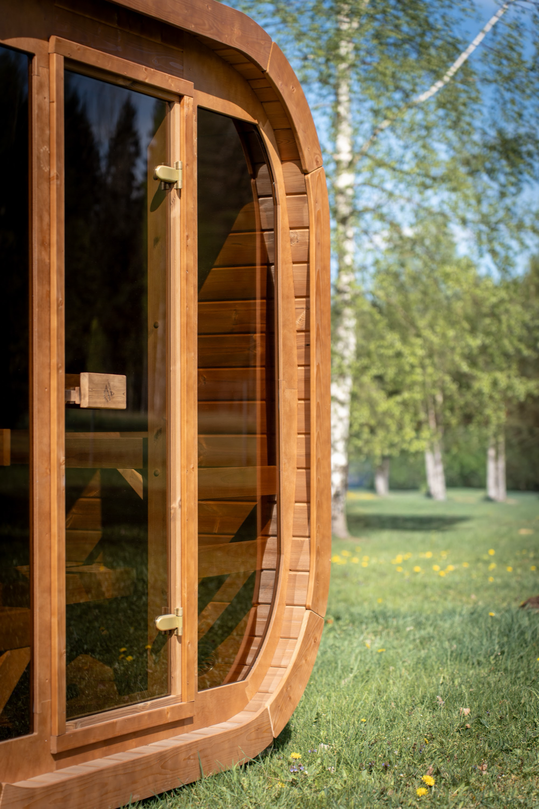 Close view of the closed glass door on a PlusLife Max Traditional Sauna 2.0: timber-framed glass in a rounded timber cabin, two brass hinges on the outer face of the frame, the curved timber slatted wall and a bench visible through the glass